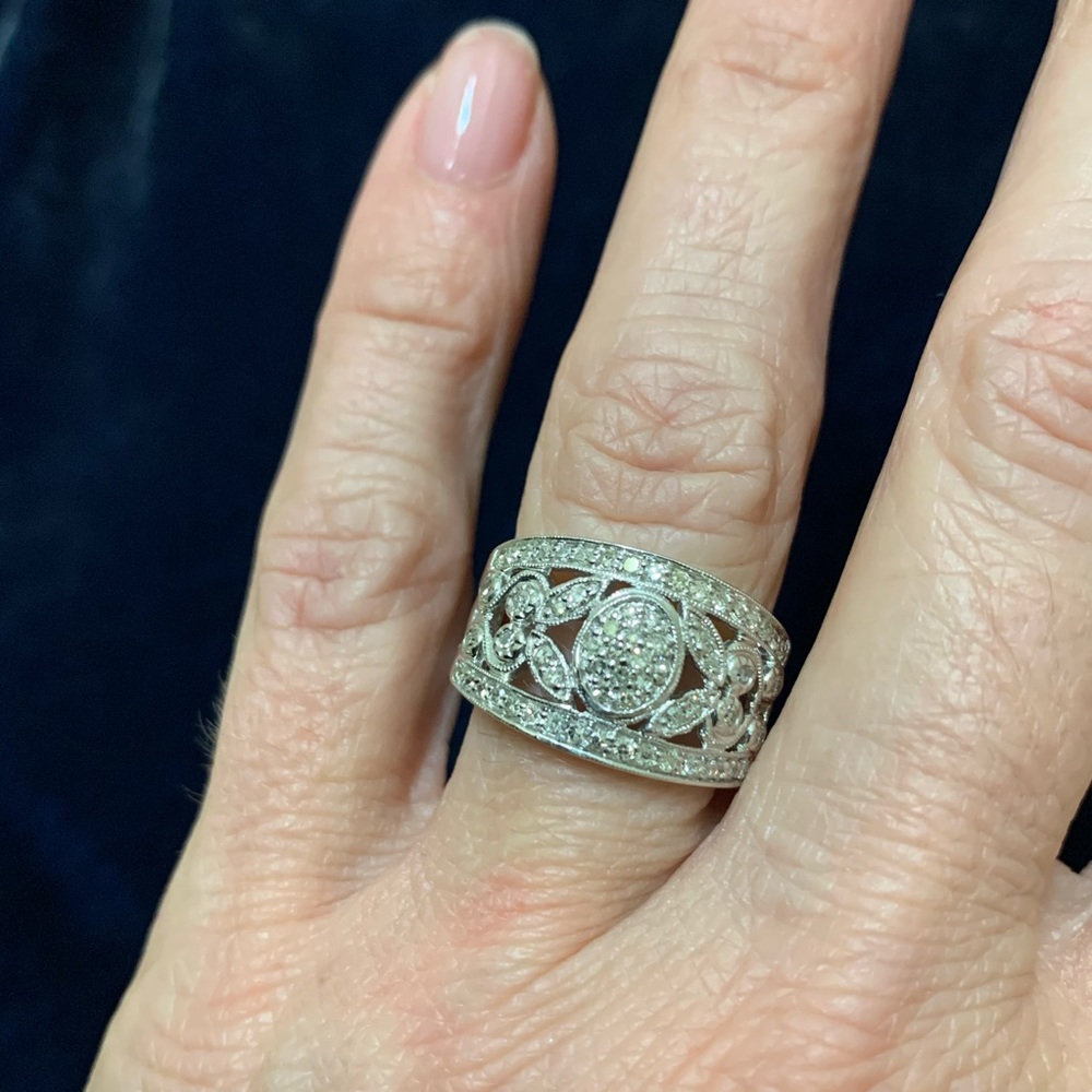 Art Deco Diamond Engagement Ring 10K White Gold 7